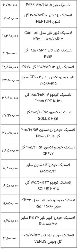 قیمت لاستیک خودرو 